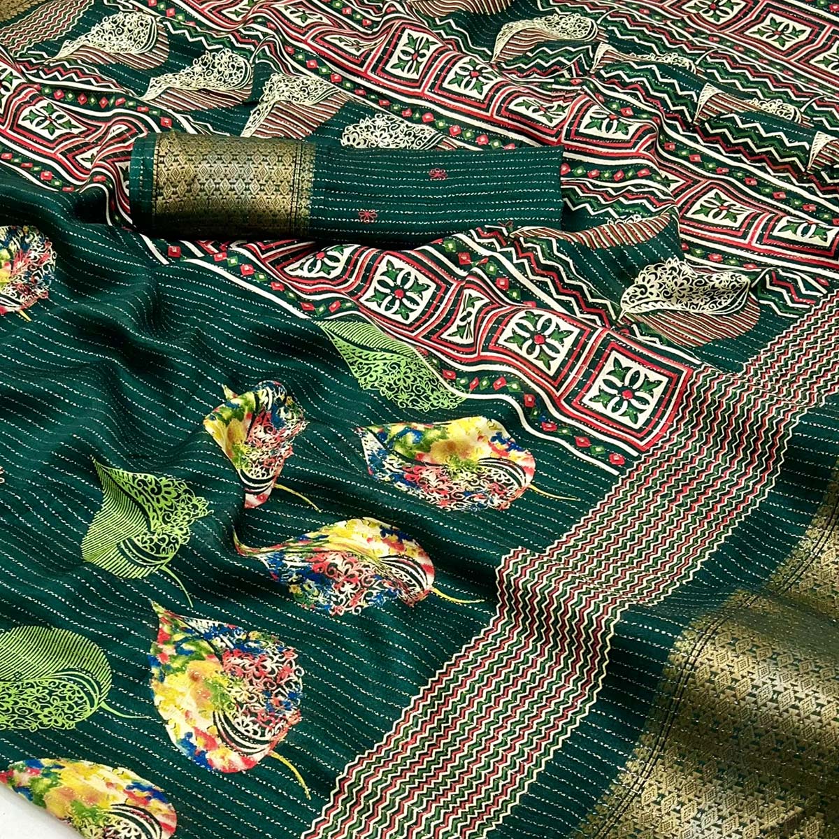 Green Floral Printed Dola Silk Saree With Jacquard Border