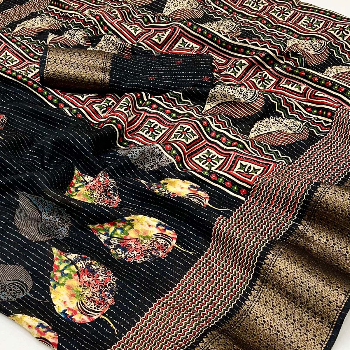 Black Floral Printed Dola Silk Saree With Jacquard Border