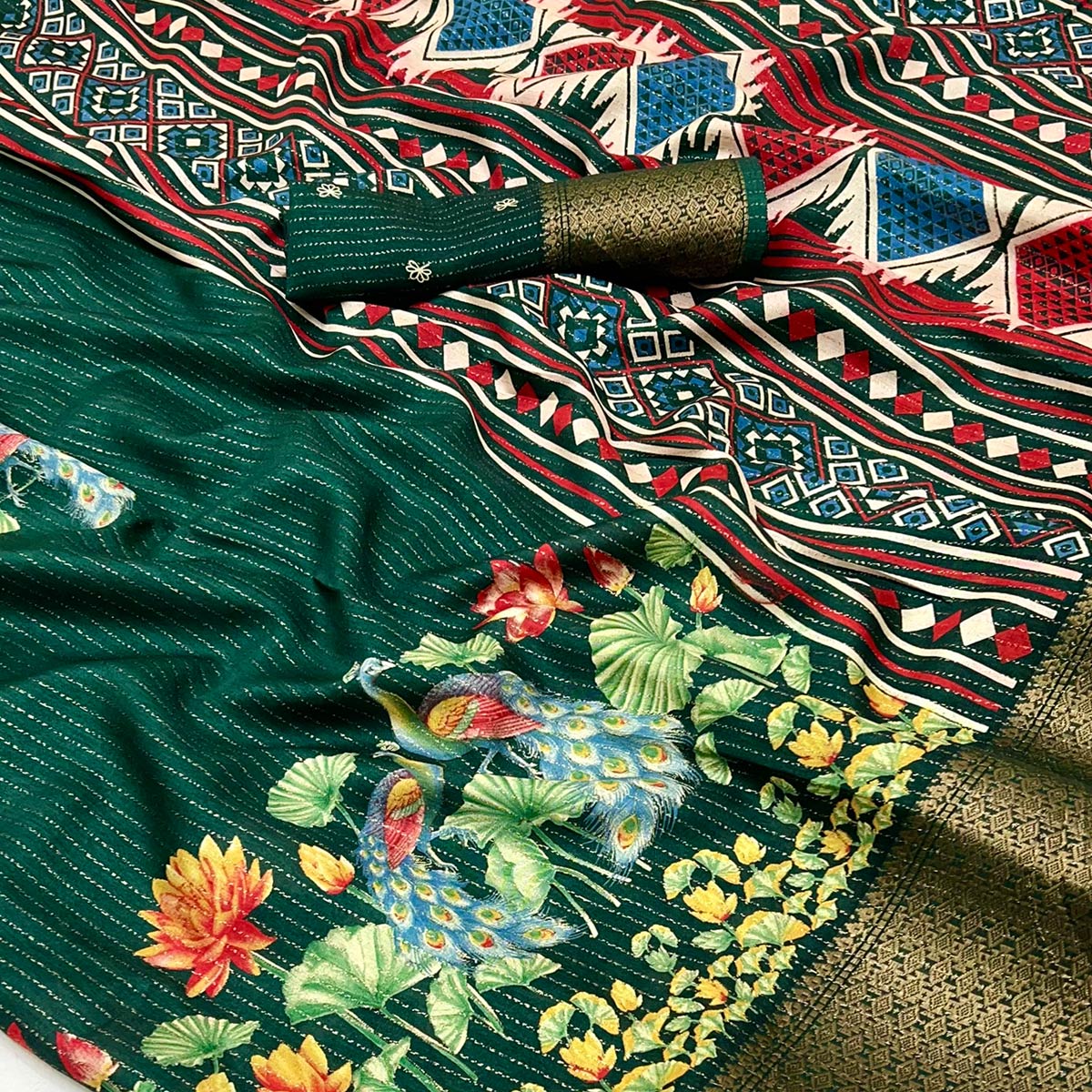 Green Floral Printed Dola Silk Saree With Jacquard Border