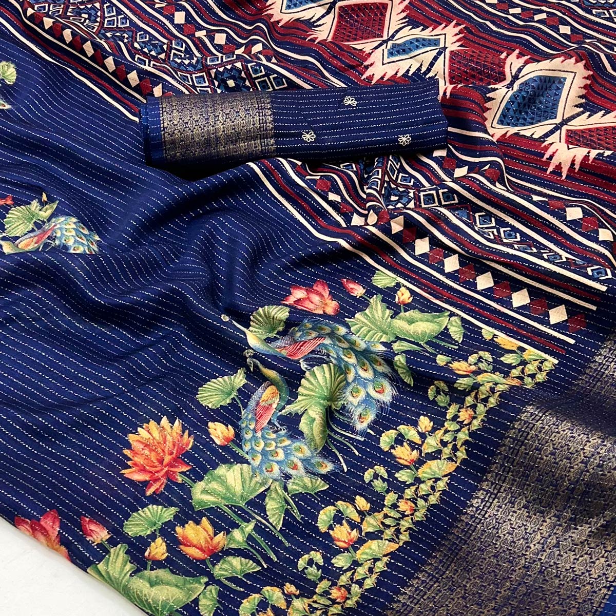 Blue Floral Printed Dola Silk Saree With Jacquard Border