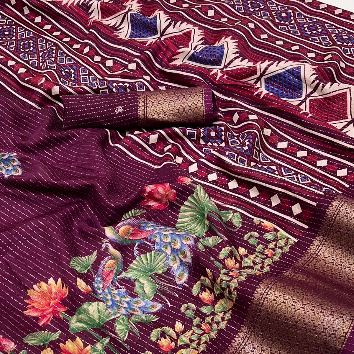 Wine Floral Printed Dola Silk Saree With Jacquard Border