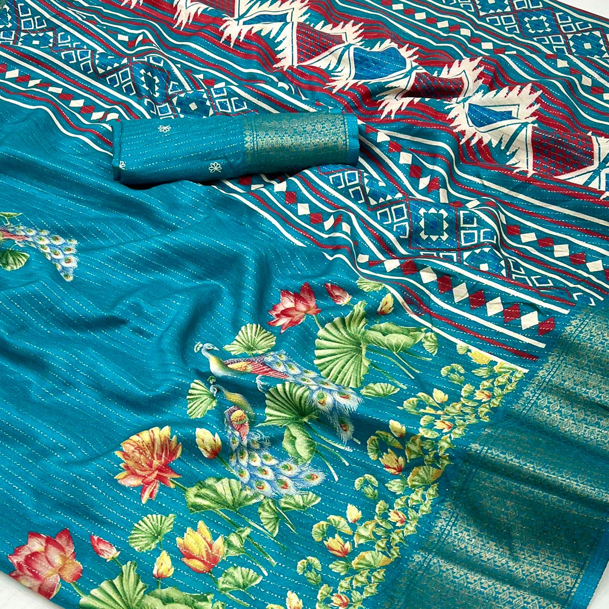 Teal Floral Printed Dola Silk Saree With Jacquard Border