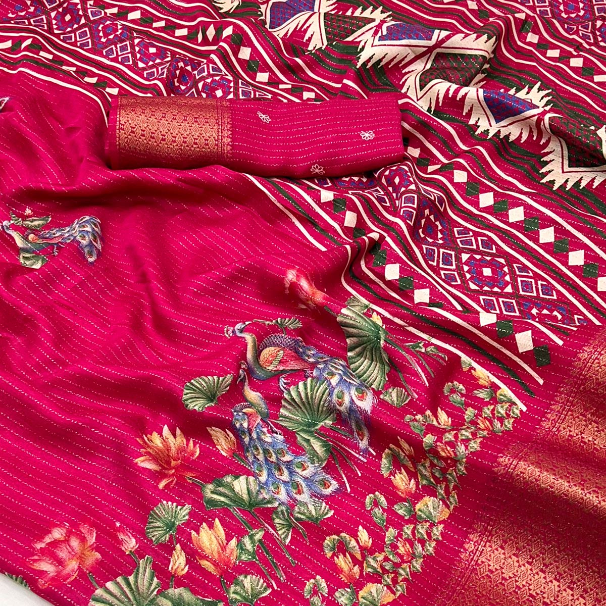 Pink Floral Printed Dola Silk Saree With Jacquard Border