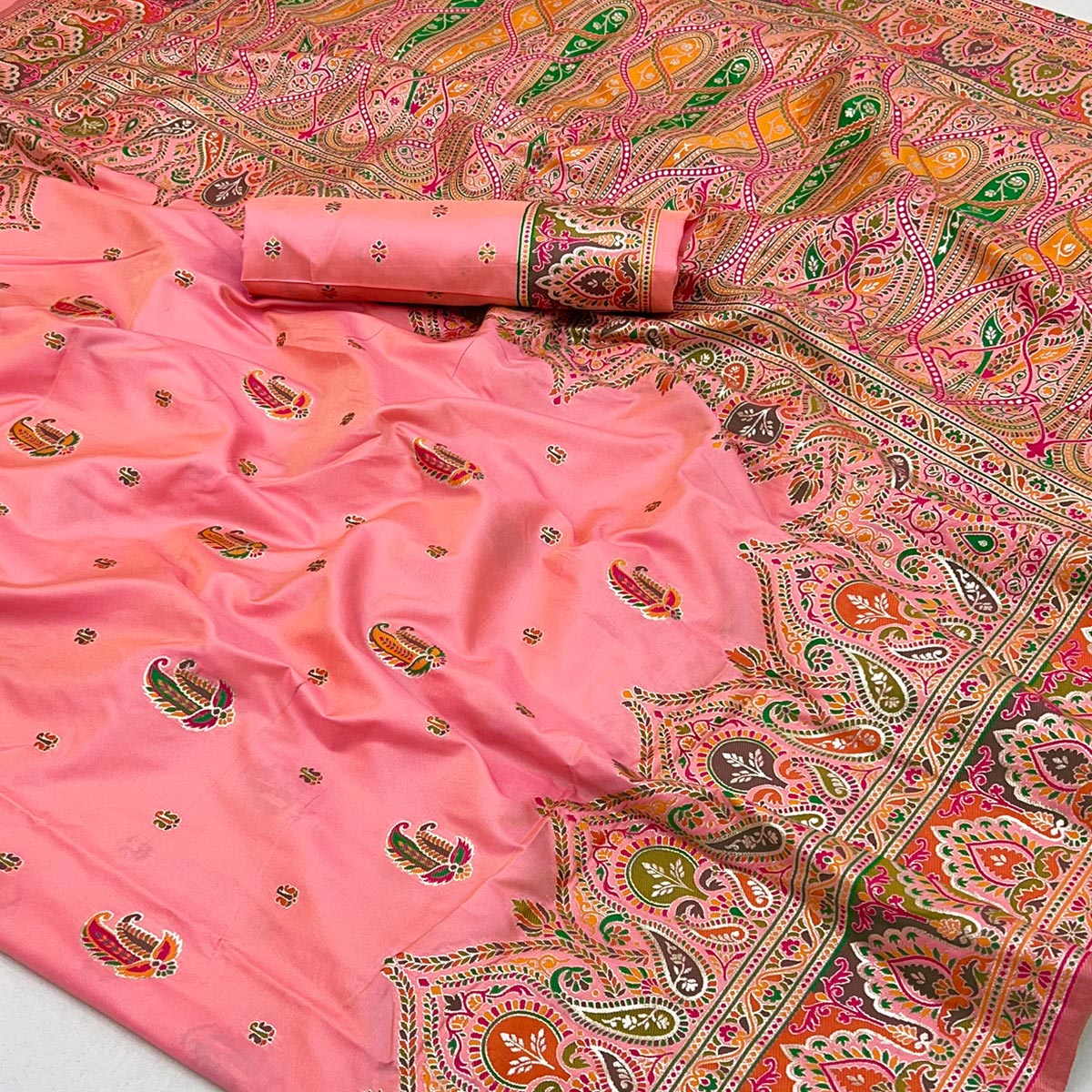 Pink Floral Woven Pure Silk Pashmina Saree