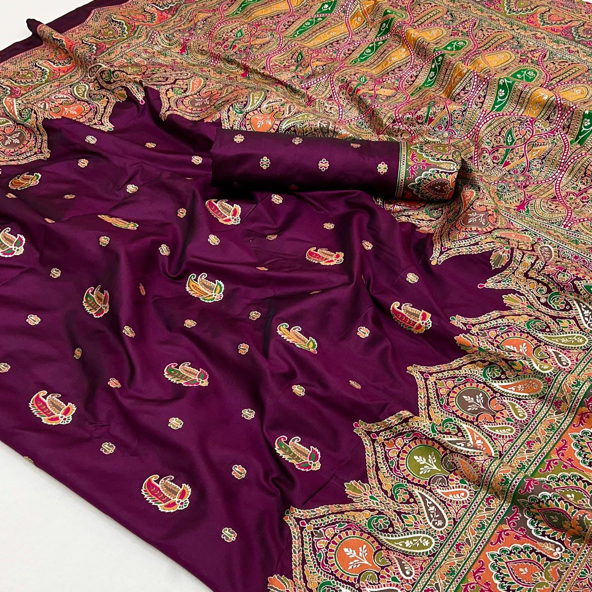 Wine Floral Woven Pure Silk Pashmina Saree