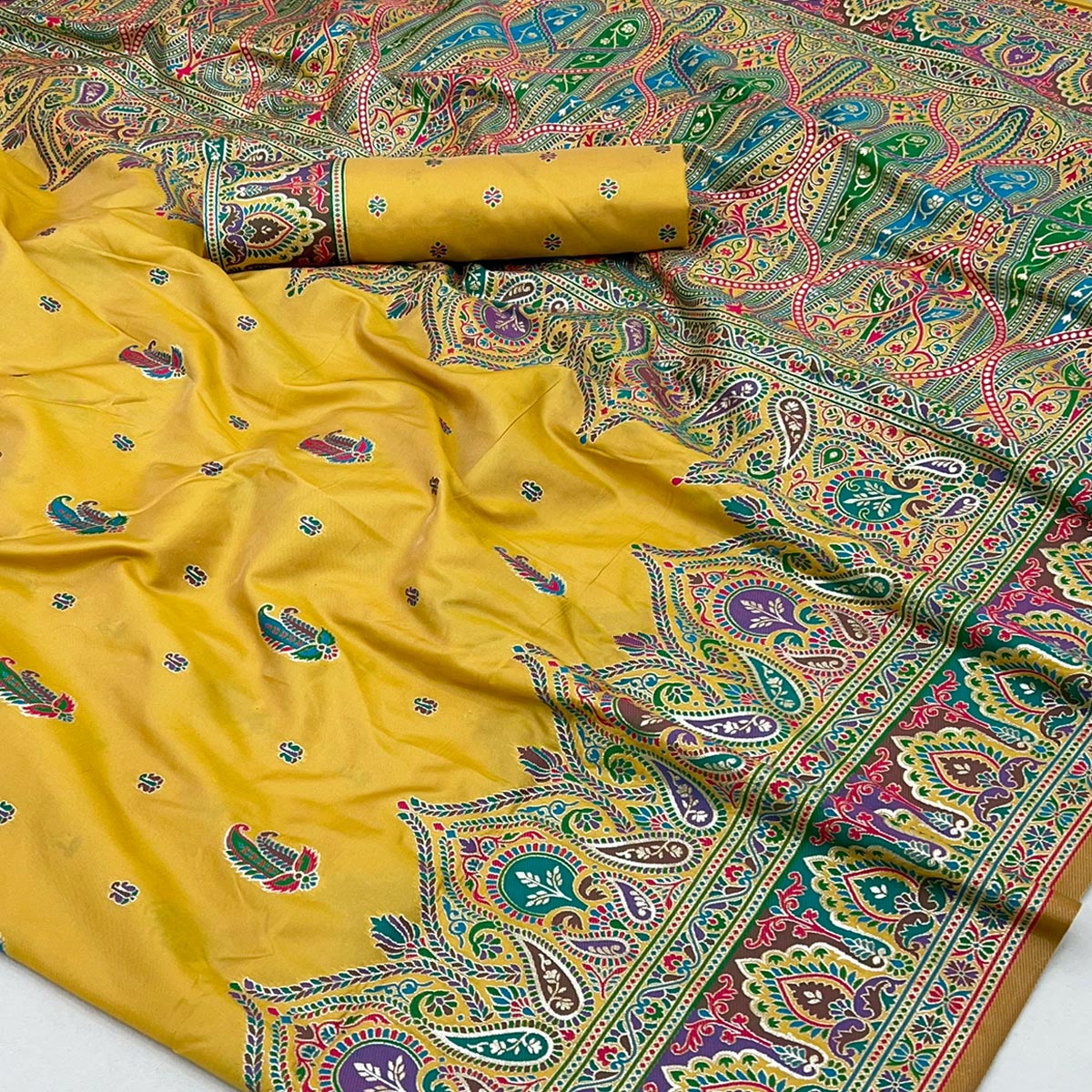 Mustard Floral Woven Pure Silk Pashmina Saree