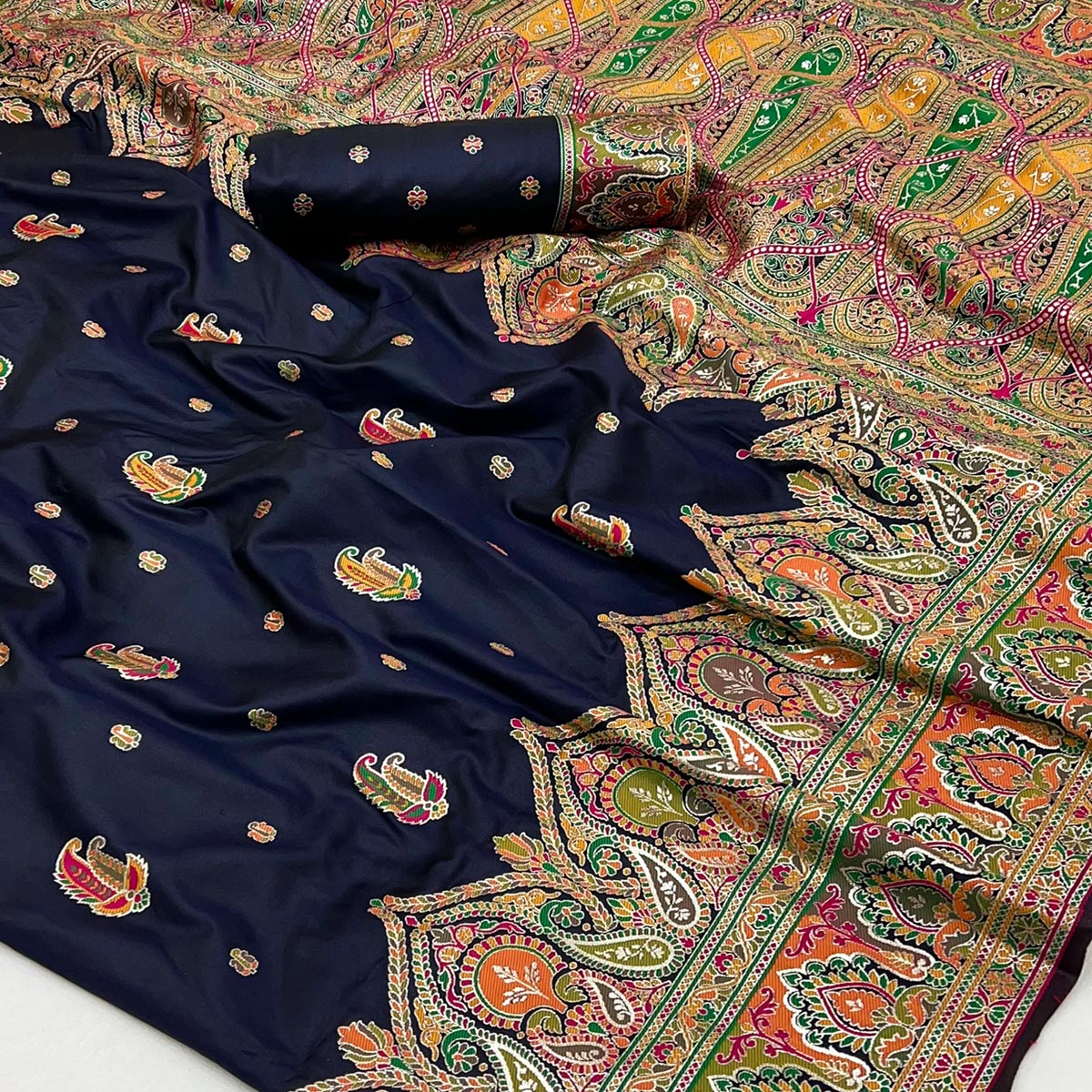 Navy Blue Floral Woven Pure Silk Pashmina Saree