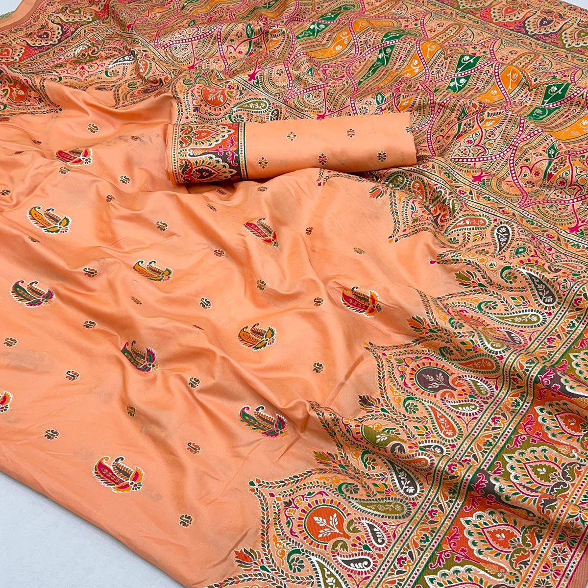 Peach Floral Woven Pure Silk Pashmina Saree