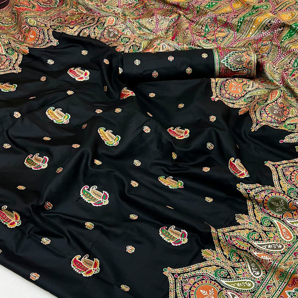 Black Floral Woven Pure Silk Pashmina Saree