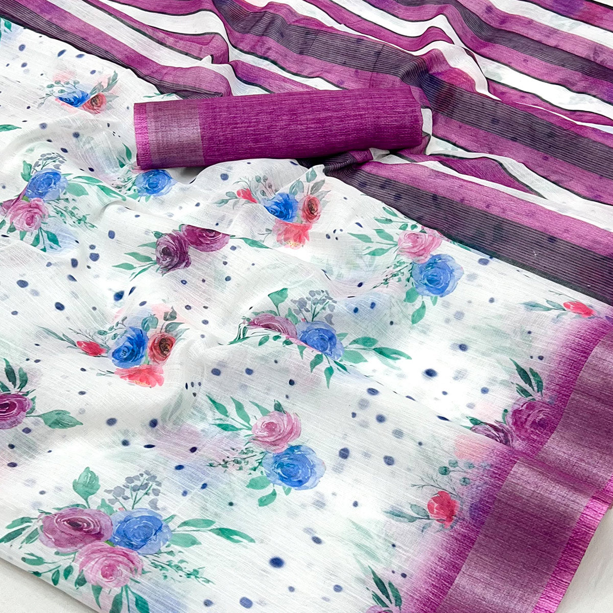 White & Purple Floral Digital Printed Linen Saree With Zari Border