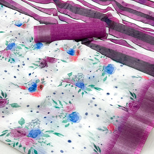 White & Purple Floral Digital Printed Linen Saree With Zari Border