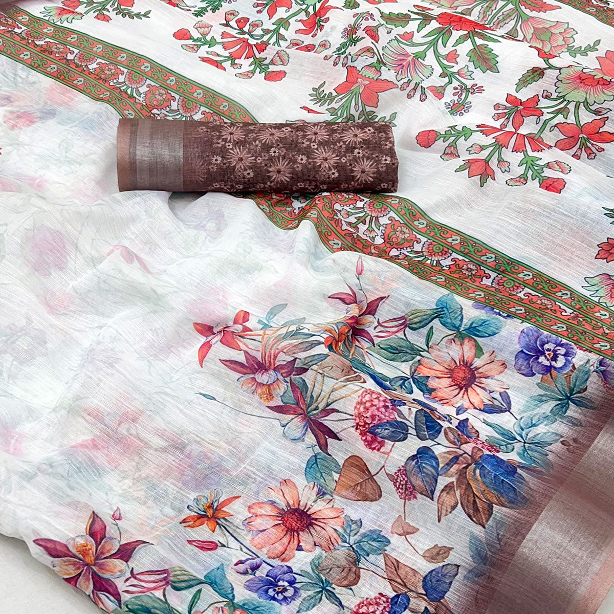 White & Brown Floral Digital Printed Linen Saree With Zari Border
