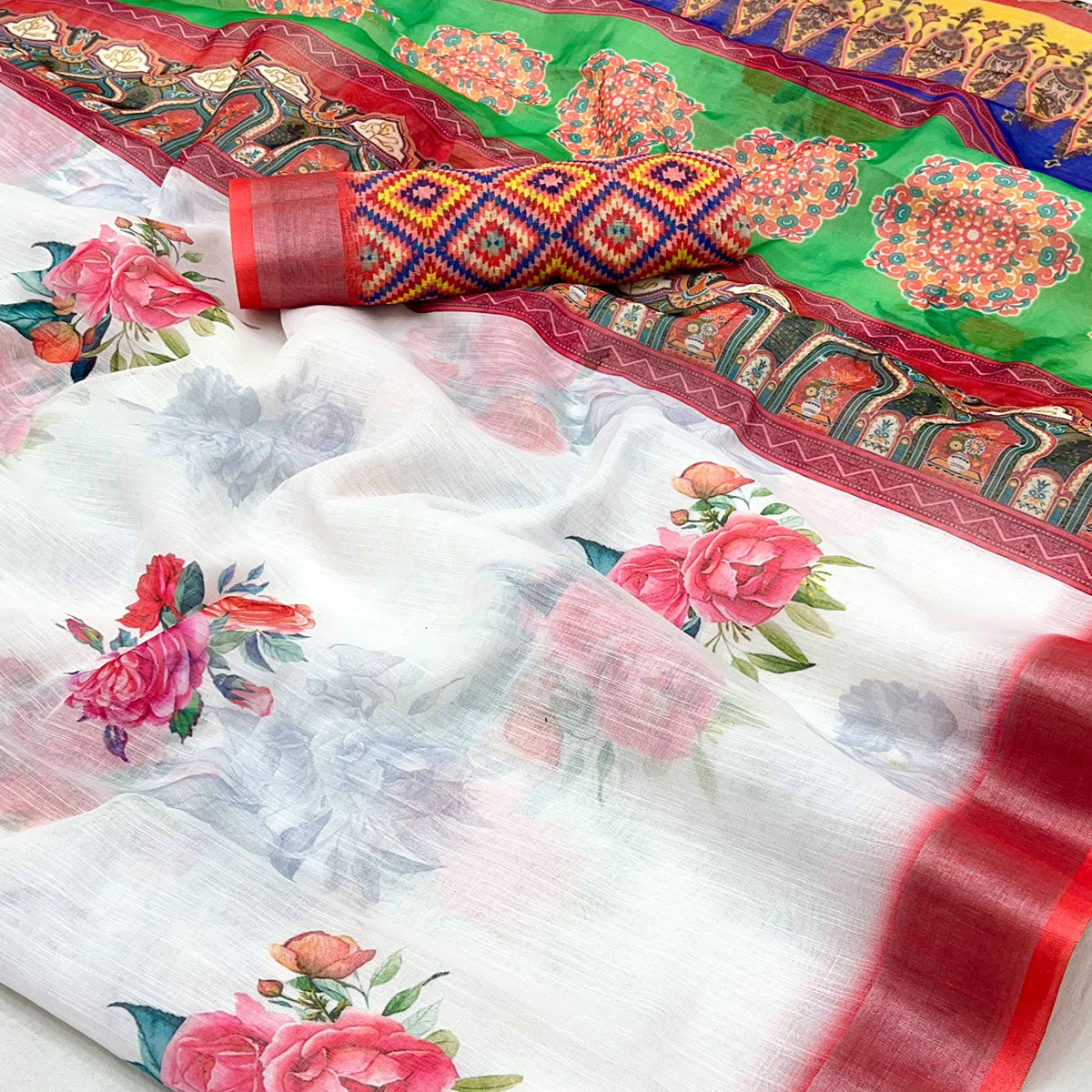 White & Red Floral Digital Printed Linen Saree With Zari Border