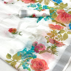 White & Grey Floral Digital Printed Linen Saree With Zari Border