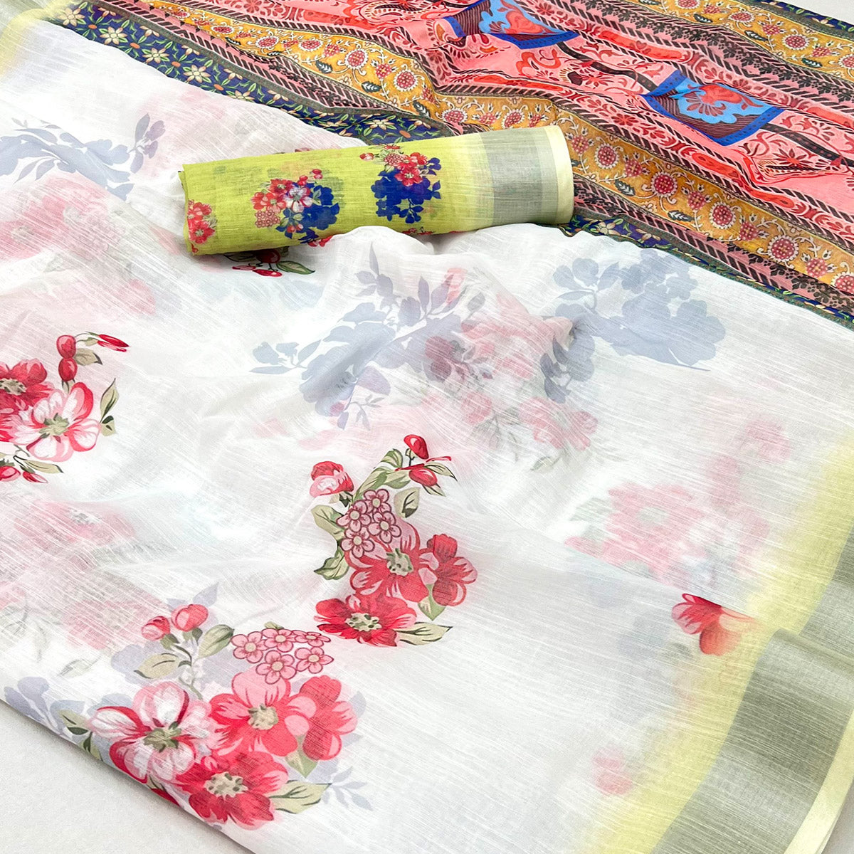 White & Light Yellow Floral Digital Printed Linen Saree With Zari Border