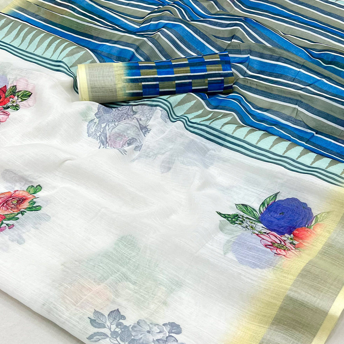 White & Light Yellow Floral Digital Printed Linen Saree With Zari Border