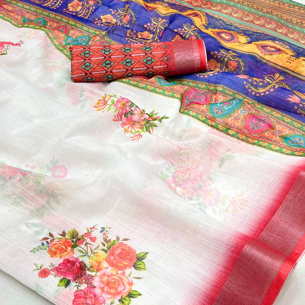 White & Red Floral Digital Printed Linen Saree With Zari Border