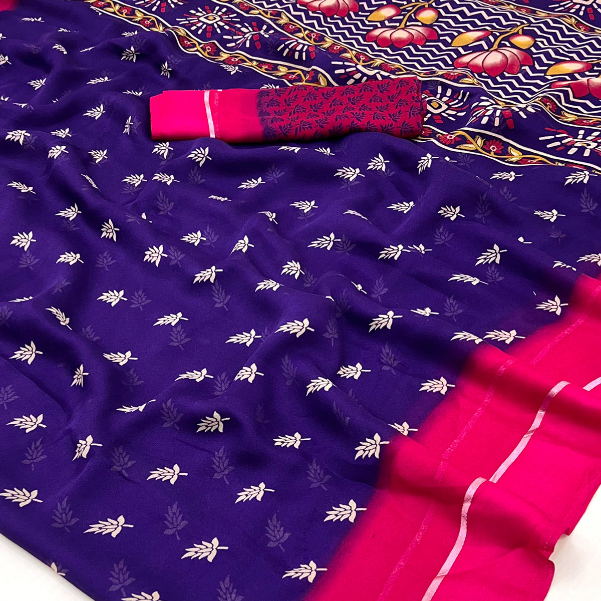 Violet Floral Printed Georgette Saree With Zari Border