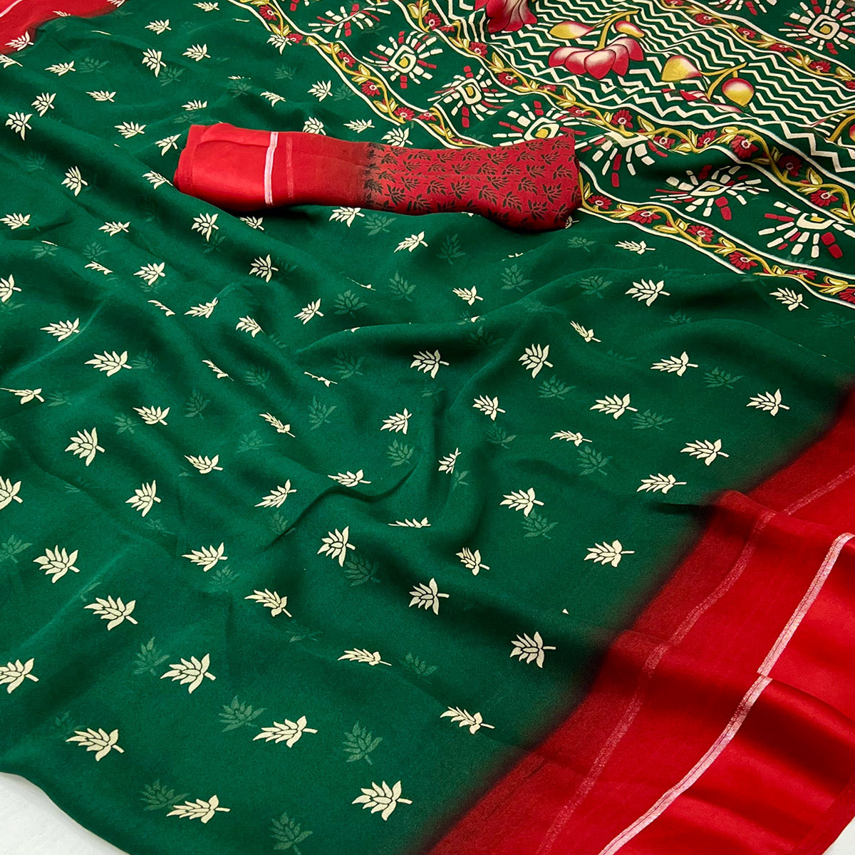 Green Floral Printed Georgette Saree With Zari Border