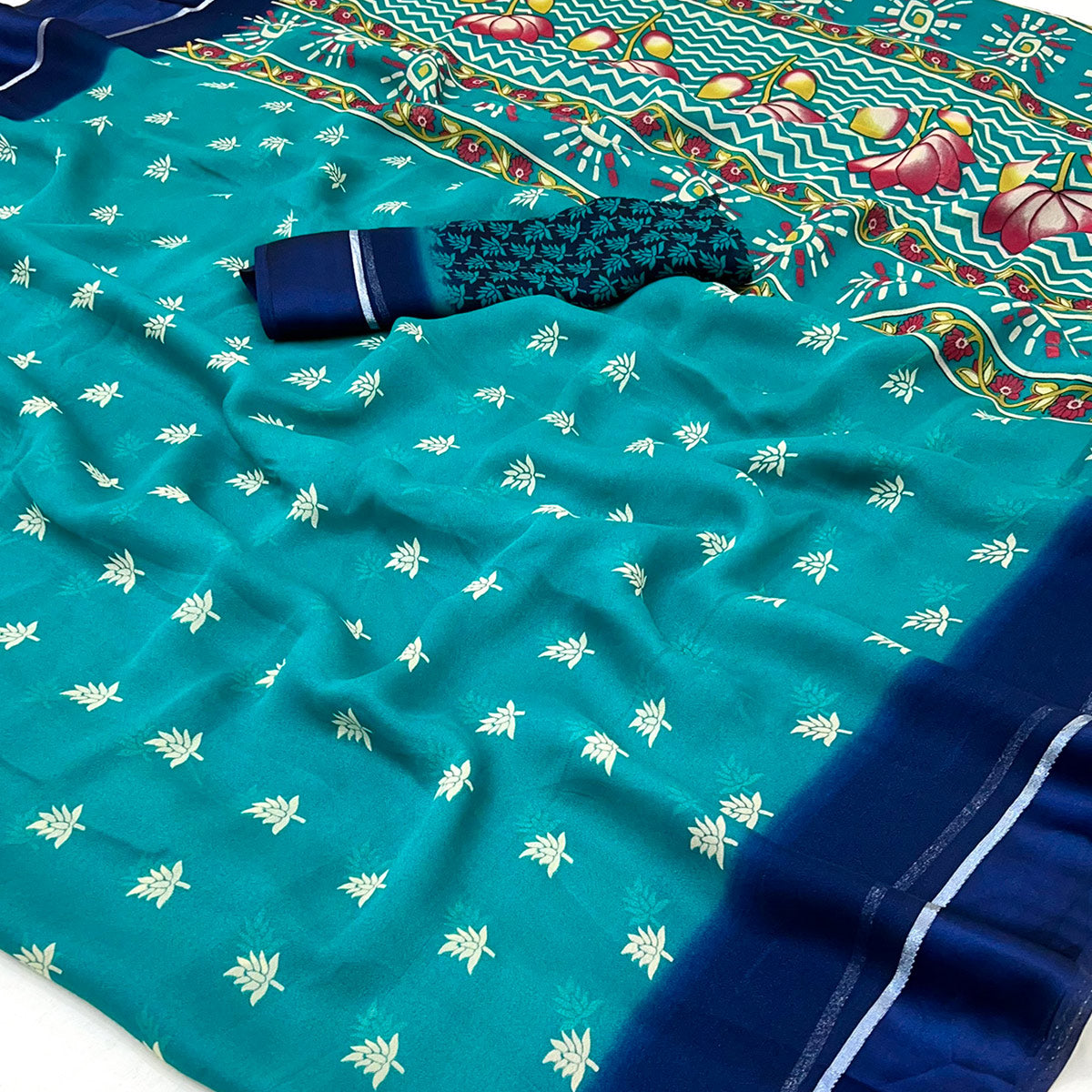 Blue Floral Printed Georgette Saree With Zari Border