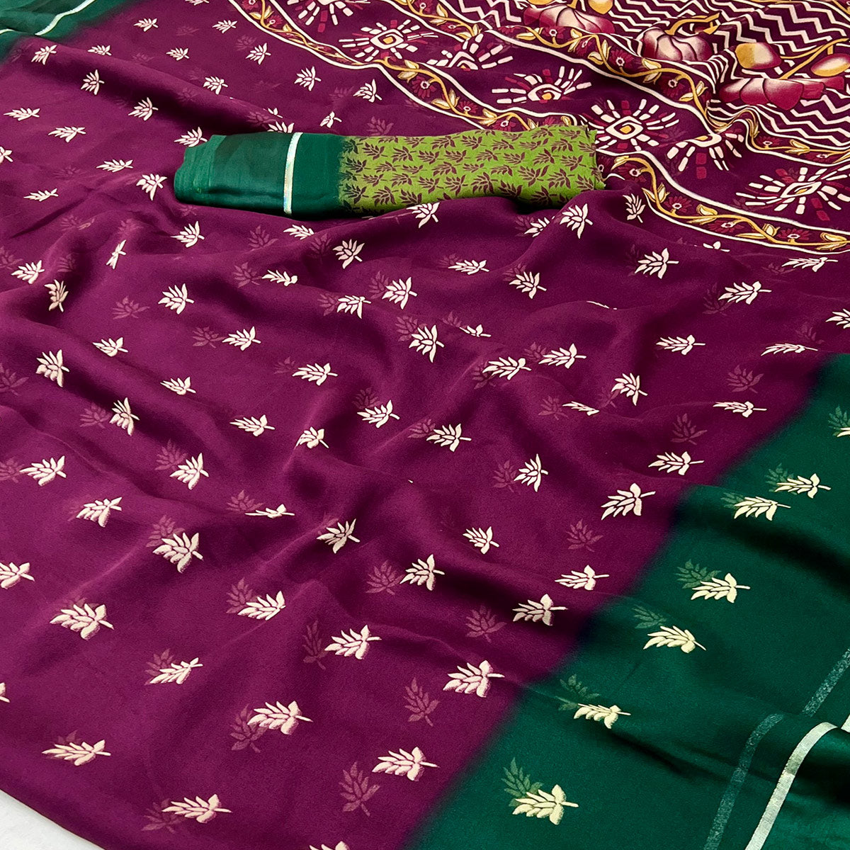 Wine Floral Printed Georgette Saree With Zari Border