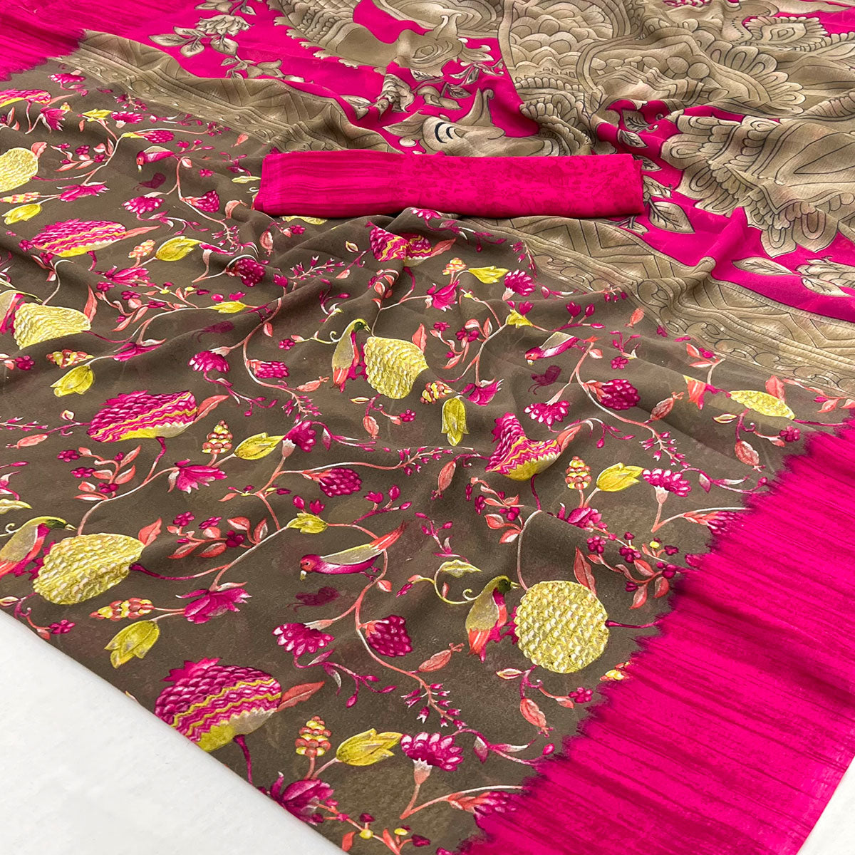 Brown Floral Printed Georgette Saree