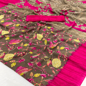 Brown Floral Printed Georgette Saree