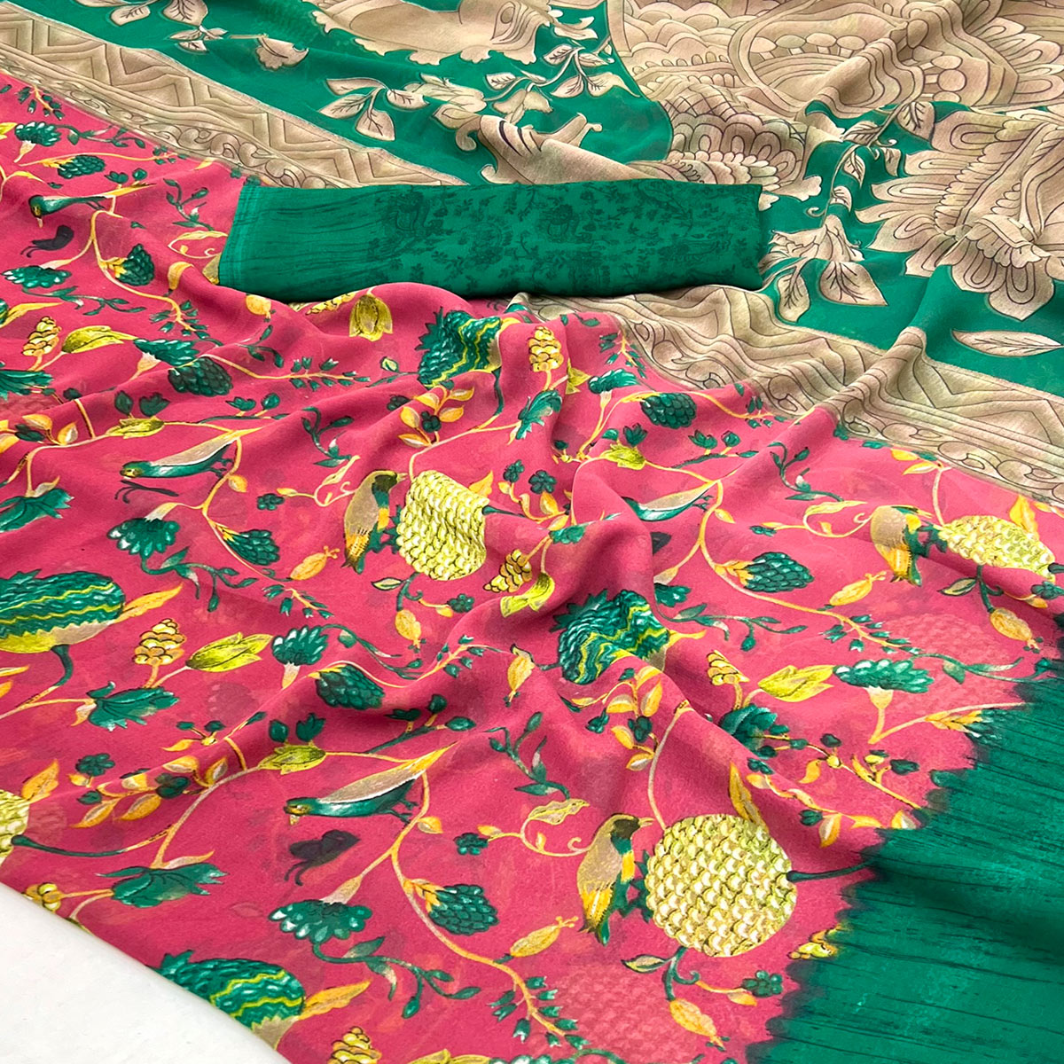 Pink Floral Printed Georgette Saree