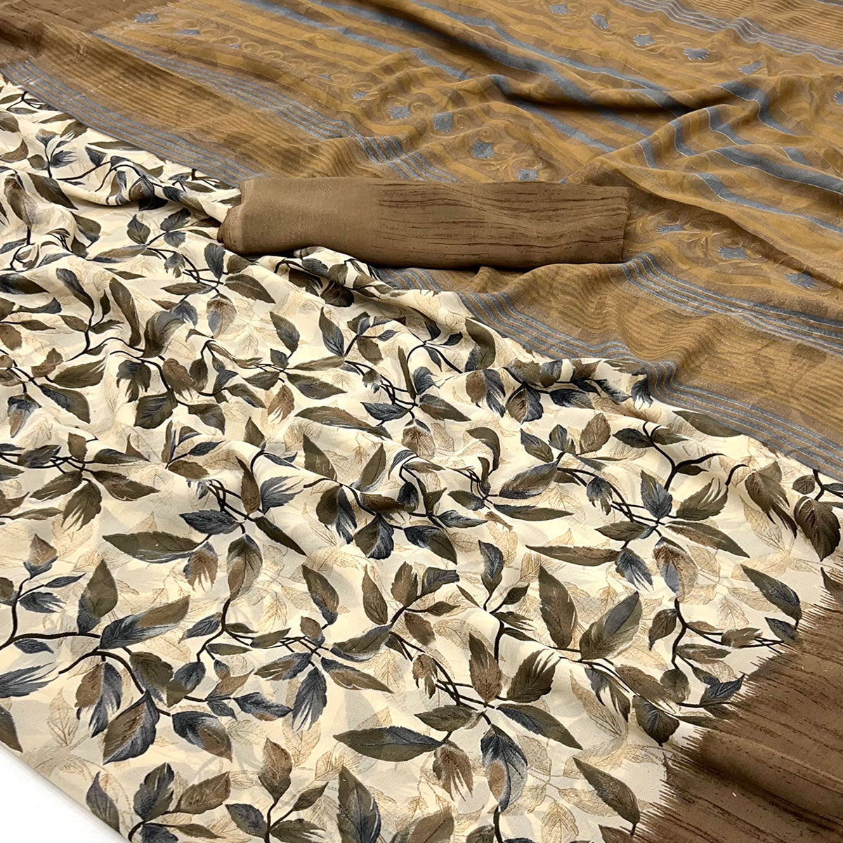 Beige & Brown Floral Printed Georgette Saree