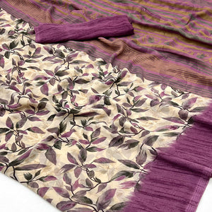 Beige & Mauve Floral Printed Georgette Saree