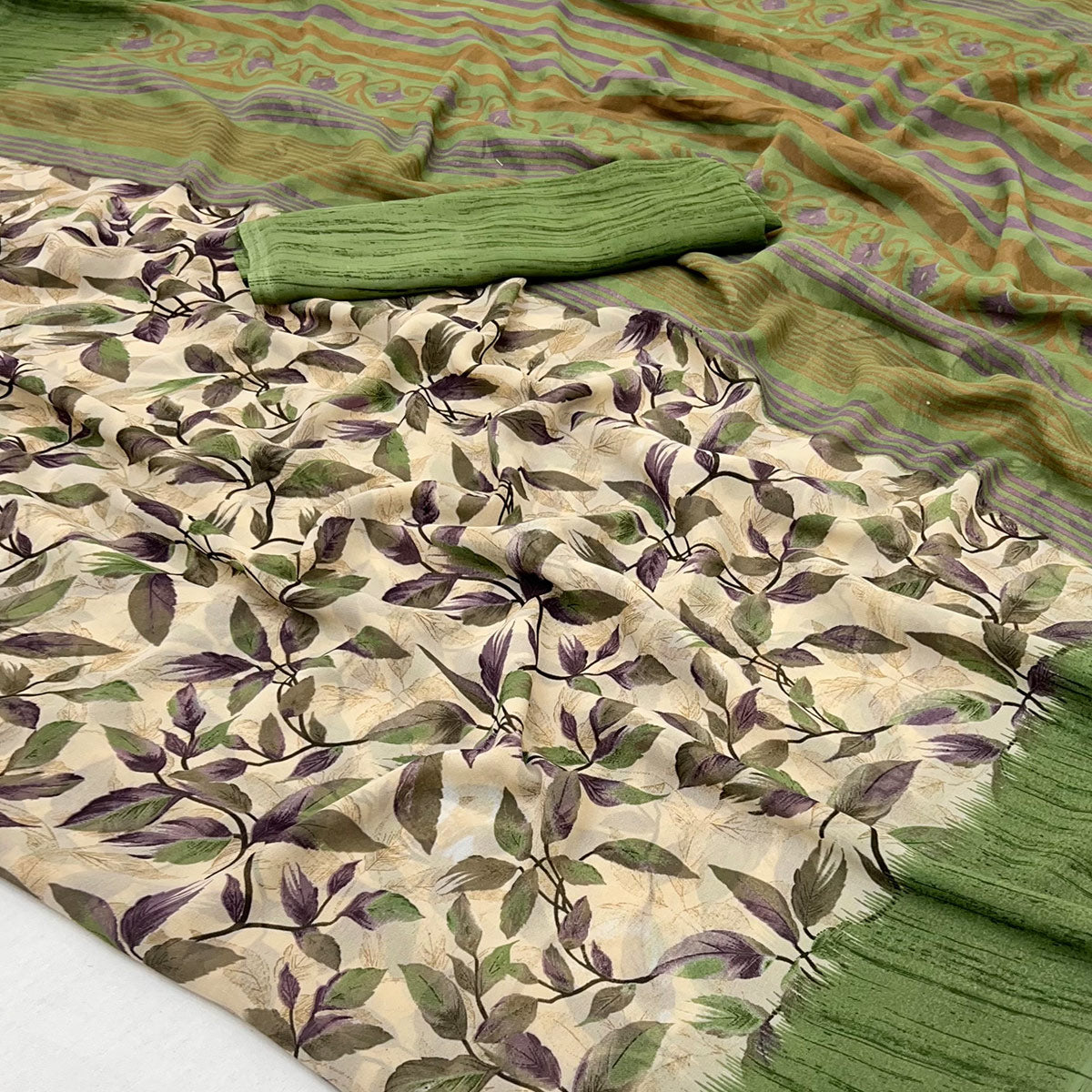 Beige & Green Floral Printed Georgette Saree
