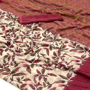 Beige & Maroon Floral Printed Georgette Saree