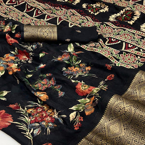 Black Floral Printed Dola Silk Saree With Zari Border
