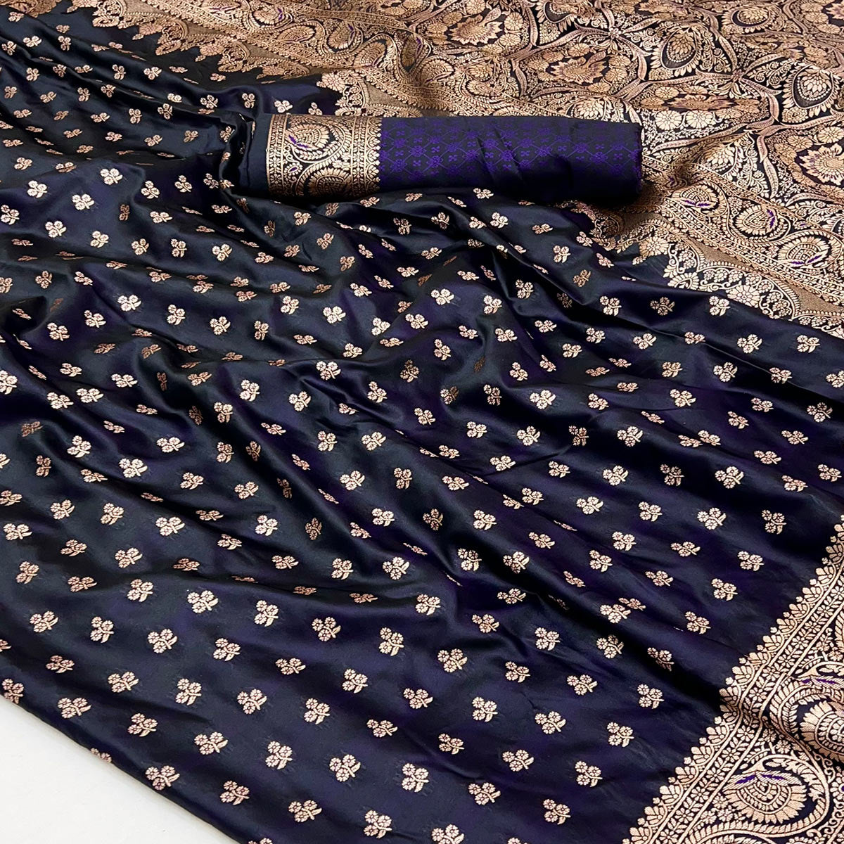 Blue Floral Woven Satin Silk Saree With Zari Border