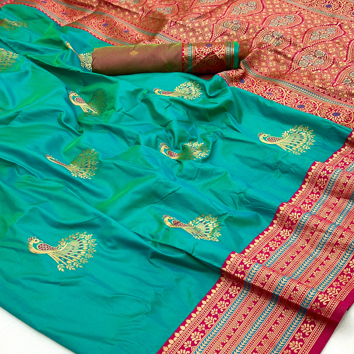 Rama Green Woven Pure Silk Saree