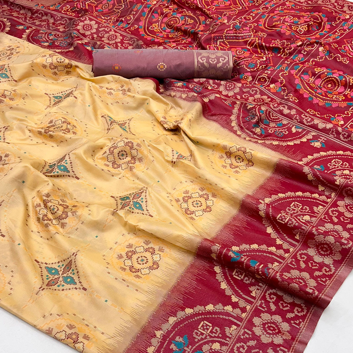 Cream & Maroon Floral Woven Pure Silk Saree