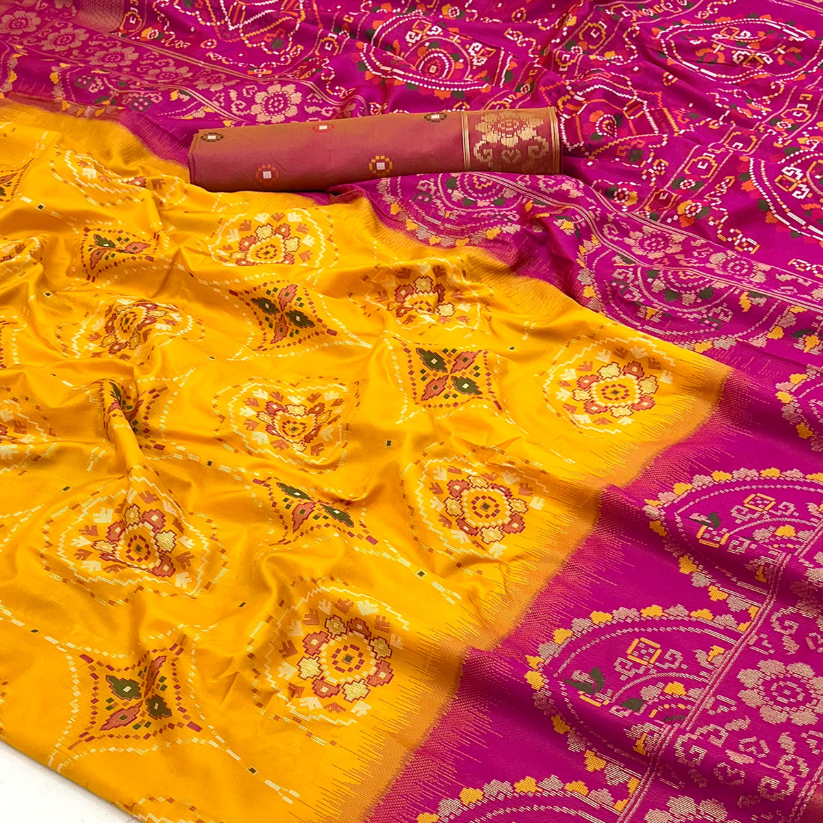 Mustard & Pink Floral Woven Pure Silk Saree