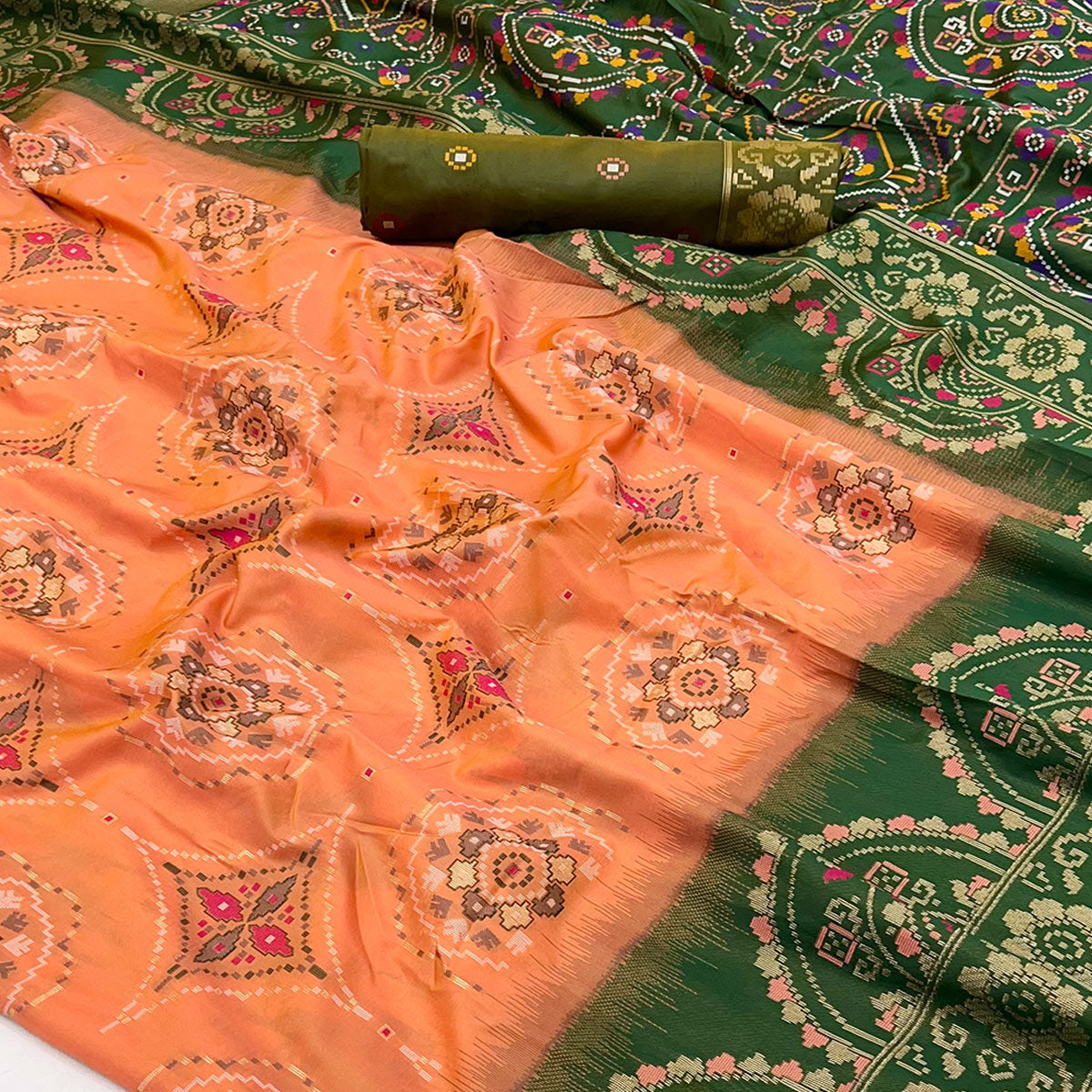 Peach & Green Floral Woven Pure Silk Saree
