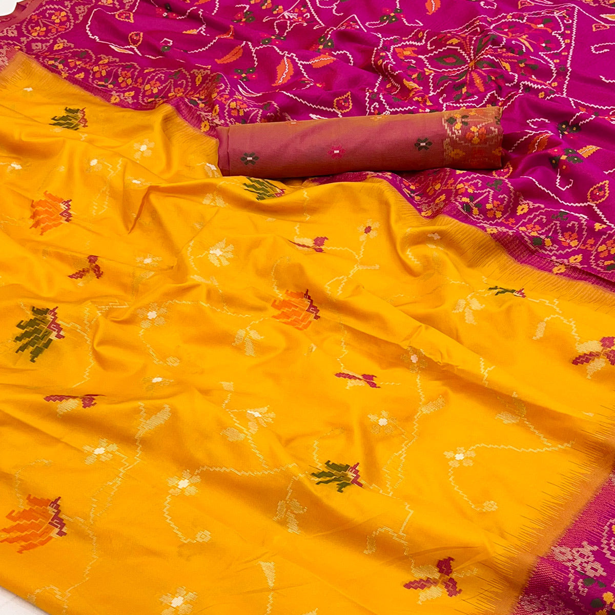 Mustard & Pink Floral Woven Pure Silk Saree