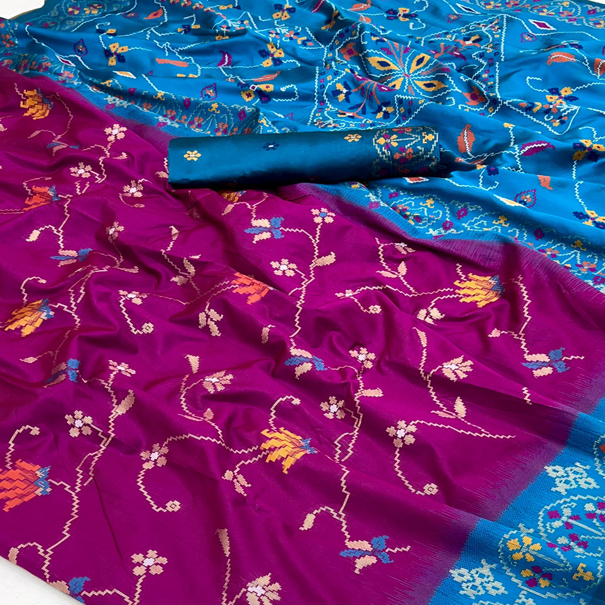 Purple & Blue Floral Woven Pure Silk Saree
