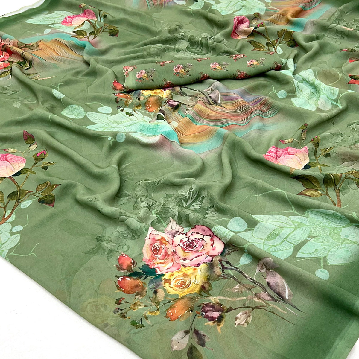 Green Floral Digital Printed Georgette Saree