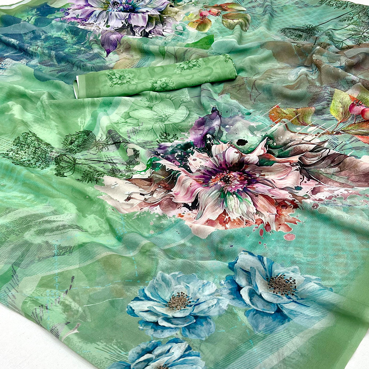 Sea Green  Floral Digital Printed Georgette Saree