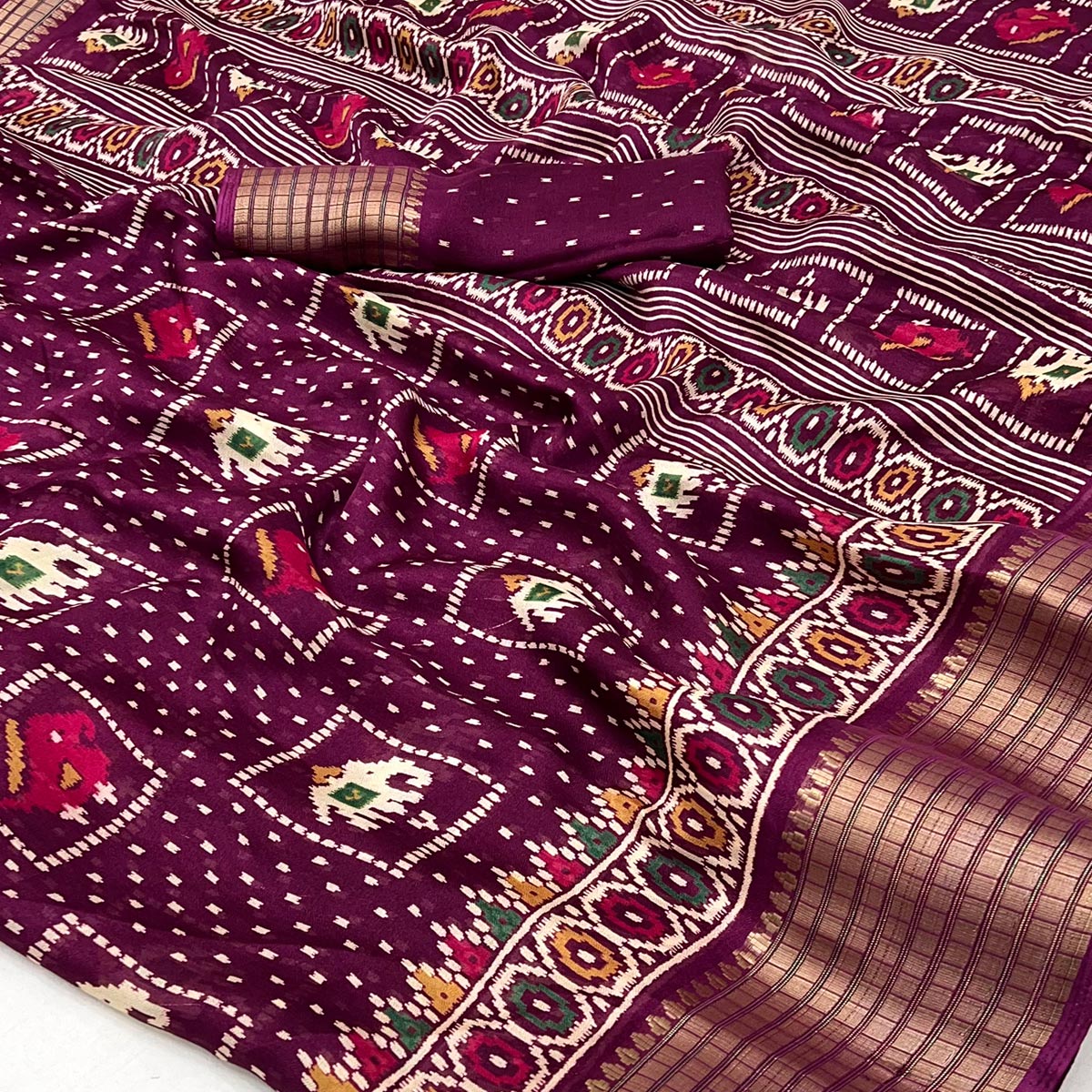 Wine Printed Georgette Saree With Woven Border