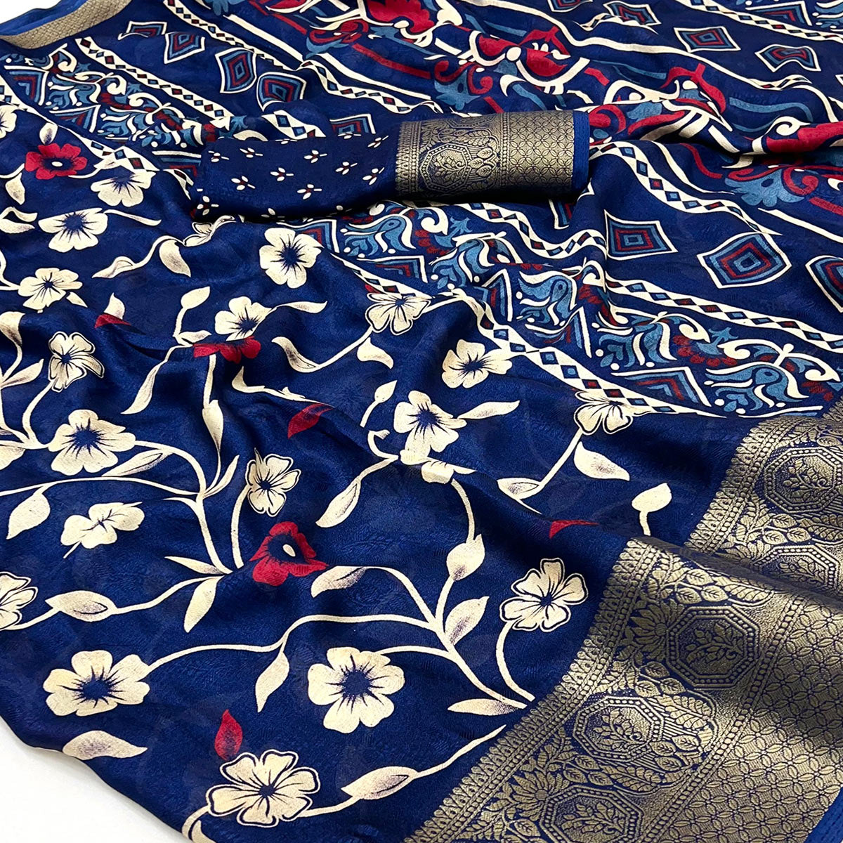 Blue Floral Printed Georgette Saree With Woven Border