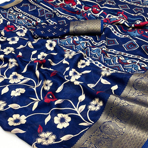 Blue Floral Printed Georgette Saree With Woven Border