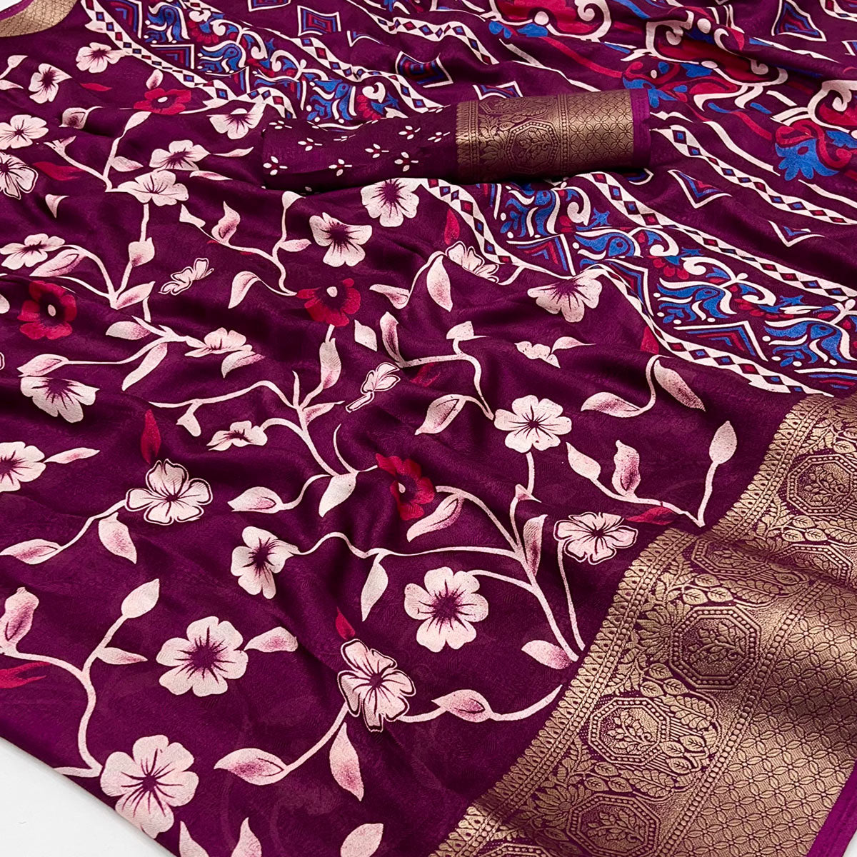 Wine Floral Printed Georgette Saree With Woven Border