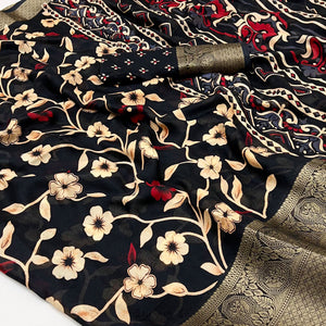 Black Floral Printed Georgette Saree With Woven Border