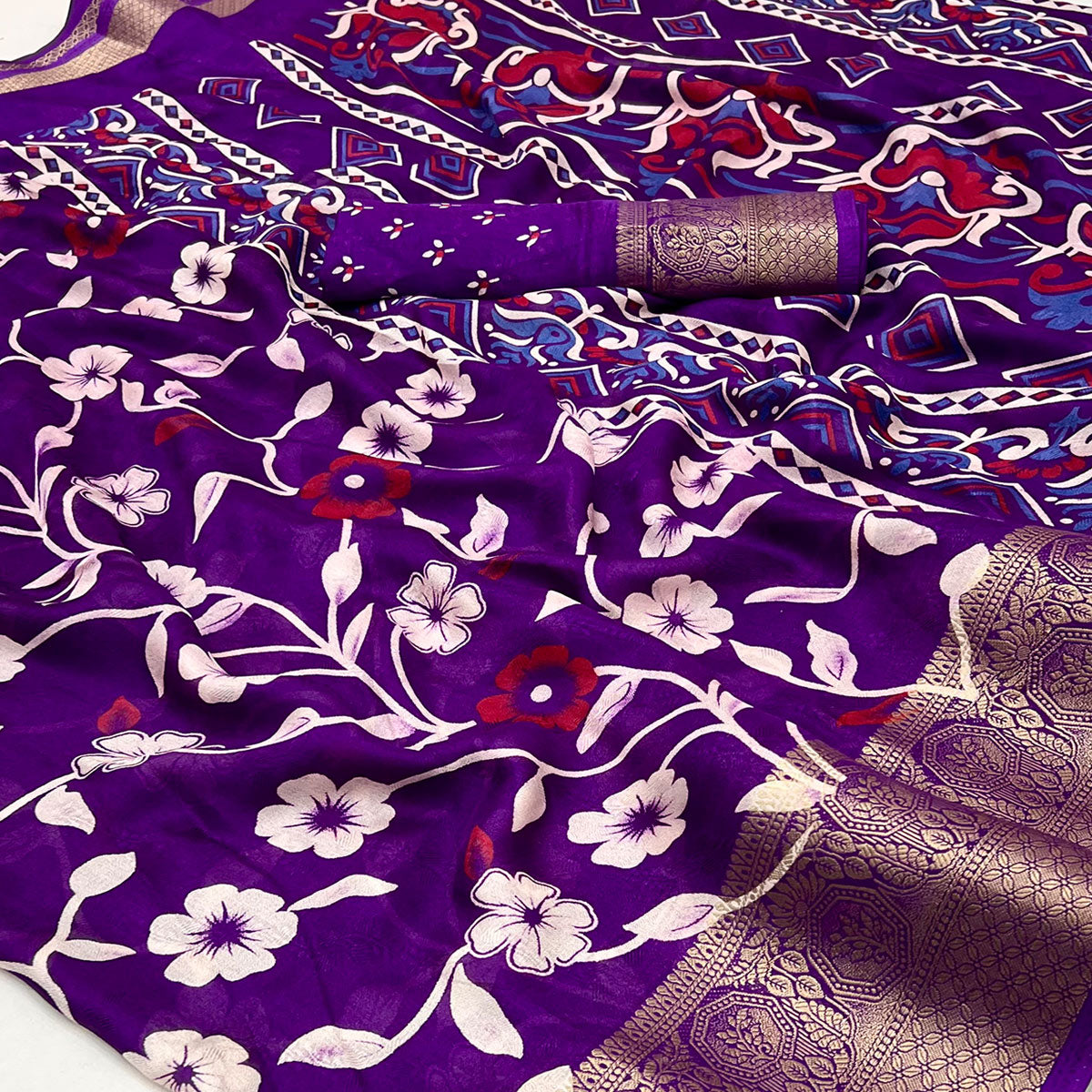 Purple Floral Printed Georgette Saree With Woven Border