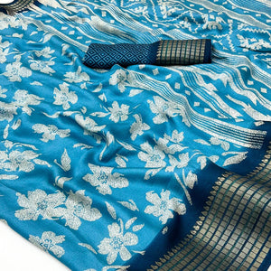 Blue Floral Printed Georgette Saree With Woven Border