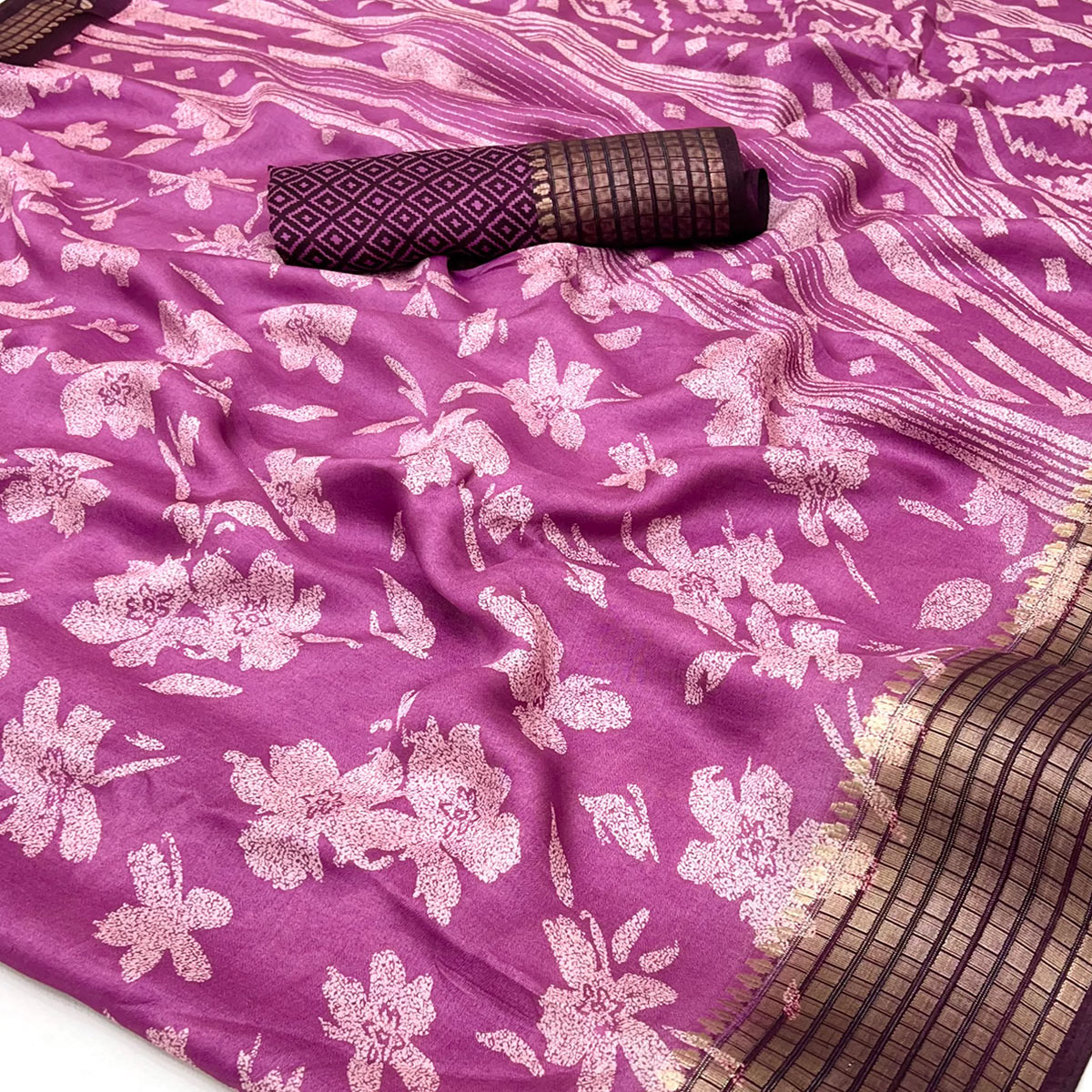 Pink Floral Printed Georgette Saree With Woven Border